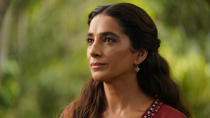 A woman with long, wavy dark hair wears a red embroidered blouse and gold earrings, standing outdoors with lush green foliage softly blurred in the background.