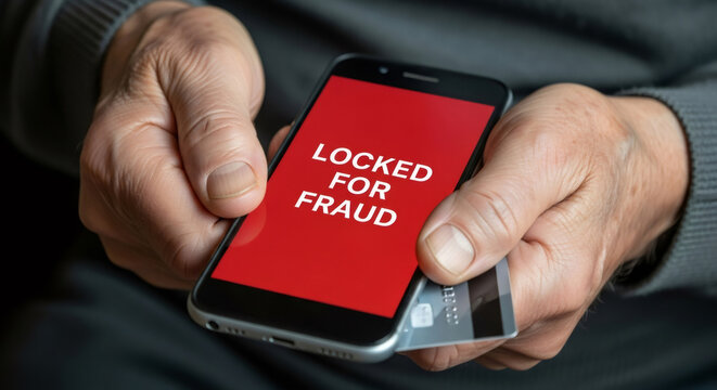 Man holding smartphone with locked for fraud message and credit card. Financial scam and cyber security concept for senior online safety. - Powered by Adobe