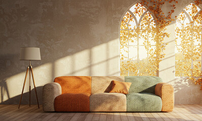 A mockup of a Venetian plaster wall above a modern, cosy sofa and a floor lamp in a bright room with a Gothic window, behind which, on a sunny autumn day, yellow ivy leaves create an openwork pattern.