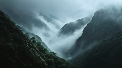 Fototapeta premium Mystical Mountain Range with Foggy Valleys and Lush Greenery – Scenic Artwork for Creative Markets and Nature Mood Boards