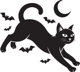 Silhouette halloween scene with haunted houses trees and bats under a full moon spooky and festive design