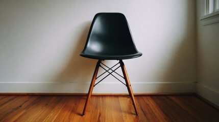 Black Chair With Wooden Legs Positioned in a Minimalistic Room