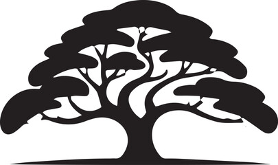 Silhouette of a majestic ancient tree with sprawling branches and lush canopy in deep black © NAZMUN