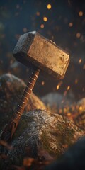 A substantial, aged warhammer rests on a rocky outcrop, bathed in warm light, highlighting intricate details and a sense of quiet strength.