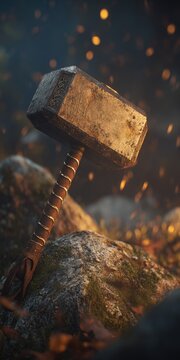 A substantial, aged warhammer rests on a rocky outcrop, bathed in warm light, highlighting intricate details and a sense of quiet strength.