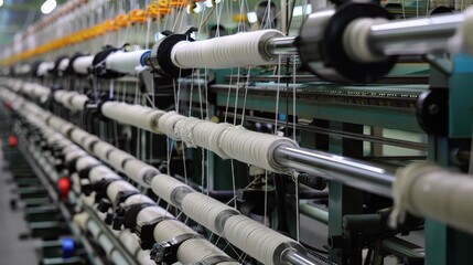 Spinning winding machine with a metallic gray frame and multiple rotating bobbins, used in a textile factory to wind spun yarn into neat coils for weaving or knitting, equipped with tension controls a