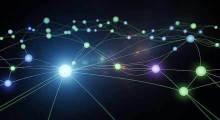 A network of interconnected glowing spheres illuminates a dark background, showcasing a complex digital structure.