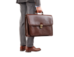 Professional carrying a classic brown leather briefcase, ready for business isolated on a transparent background