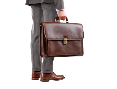 Professional carrying a classic brown leather briefcase, ready for business   isolated on a transparent background - Powered by Adobe
