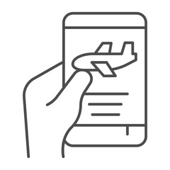 Smartphone with airplane in hand thin line icon, traveler survey concept. Vector graphics. Touchscreen phone with air ticket sign on white background, outline style icon for mobile or web design.
