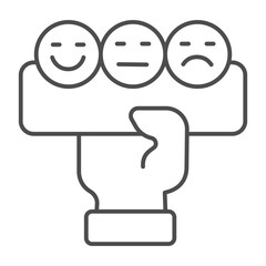 Hand and board with smiley emoticons thin line icon, traveler survey concept. Vector graphics. Review stickers in hand, mood sign on white background, outline style icon for mobile or web design.