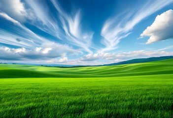 Obraz premium Rolling green hills under a bright blue sky filled with wispy white clouds.