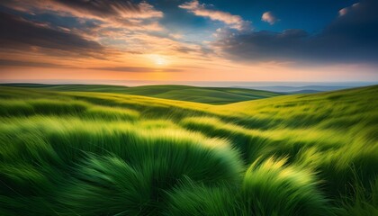 Obraz premium Rolling green field under a vibrant sunset, with wind-swept grass.