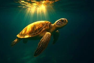 Obraz premium Golden Sea Turtle Underwater – Sunlight Rays in Tropical Ocean