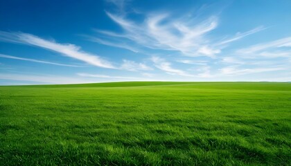 Obraz premium Vast expanse of vibrant green grass under a clear blue sky with fluffy white clouds.