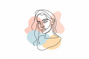 A minimalist line drawing of a woman's face with abstract pastel shapes in the background.