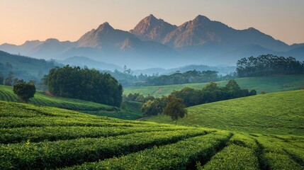 Rolling tea fields stretch across the valley, bathed in the warm hues of sunrise, while majestic mountains stand in the background, creating a tranquil atmosphere.