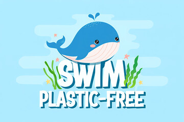 Naklejka premium Illustration of a blue whale swimming in the ocean with the words 'Swim Plastic-Free' to promote environmental awareness.