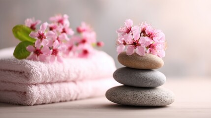 Stacked smooth stones create a calming centerpiece, accompanied by delicate cherry blossoms and fluffy towels, evoking a serene spa atmosphere perfect for relaxation.