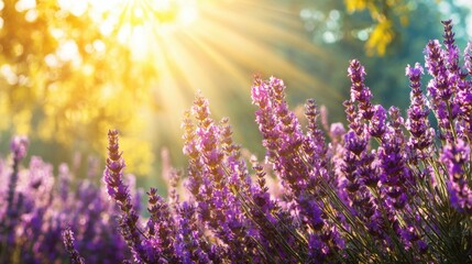 Obraz premium A stunning lavender field glows under warm sunlight during the evening. The vibrant purple flowers create a beautiful contrast with the golden rays, enhancing the serene atmosphere.
