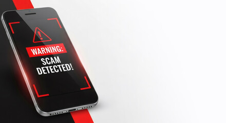 Modern smartphone displaying a "warning: scam detected!" message on its screen, illustrating cybersecurity threat and fraud awareness.