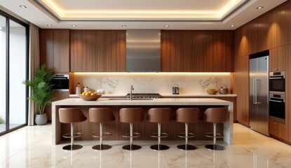 Modern kitchen interior with sleek design, marble countertops, and stylish bar stools, featuring a cozy atmosphere