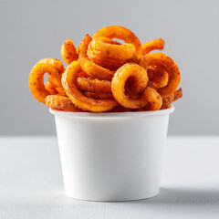 a cup of curly fries with a white background 