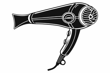 Stylized black and white icon of a hair dryer