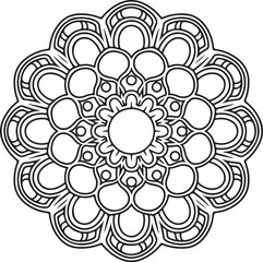 Intricate Mandala Design for Coloring or Decoration. A symmetrical mandala design in black lines on a white background, perfect for coloring books, decorative prints, or digital art projects.