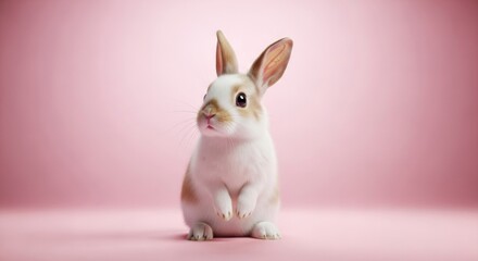 Fototapeta premium Adorable bunny sitting upright on a pink background perfect for easter holiday use