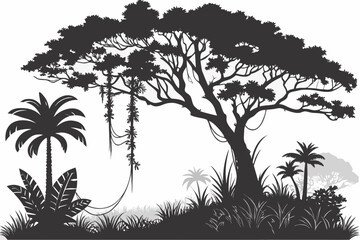 Tropical jungle silhouette with large tree and palm trees