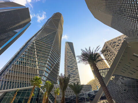 View from below of the facades of the high-rise buildings in the King Abdullah Financial District, Riyadh, Saudi Arabia