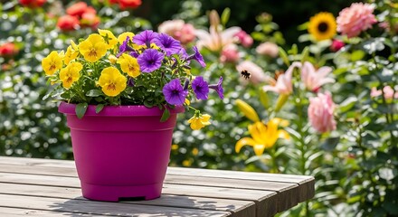 Vibrant Yellow and Purple Flowers in Pink Pot.