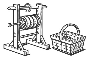 Vintage winch and basket illustration