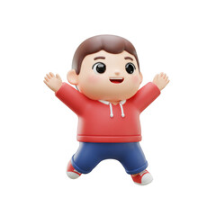 Animated Boy with Brown Hair Smiling and Jumping with Joy on Transparent Background