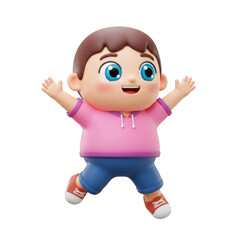 Excited Boy with Pink Shirt and Blue Shorts Jumping on Transparent Background