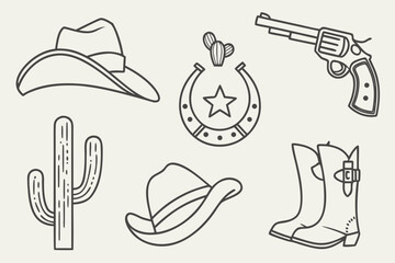 Western cowboy icons collection with hats boots cactus and gun