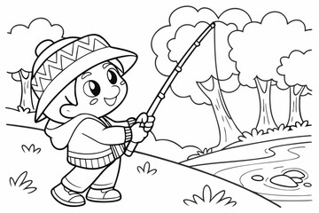 Happy child fishing by the river in a forest coloring page