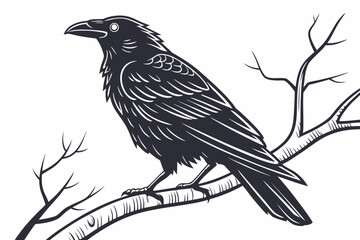 Stylized raven perched on a bare tree branch