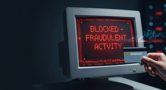 Woman's hand holding credit card by retro computer screen displaying blocked fraudulent activity message. Financial scam warning and identity theft concept.