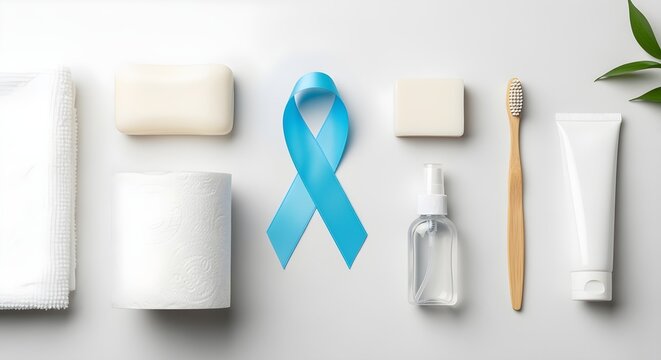MINIMAL lay of hygiene items (soap, toilet paper, sanitizer) with awareness ribbon.