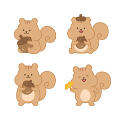 A set of cute squirrel character illustrations holding acorns and ginkgo leaves. Cute forest animals with happy expressions in a hand-drawn style.