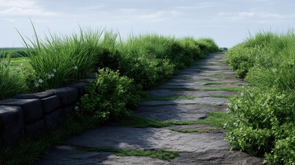 Obraz premium Serene Pathway Flanked by Lush Green Grass and Blooming Vegetation Under Blue Sky