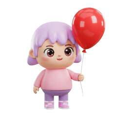 Cute 3D Render of Girl Holding Red Balloon on Transparent Background Pink Outfit and Lilac Hair