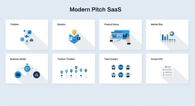 Modern pitch deck templates with infographics for business presentations and data visualization isolated on white background