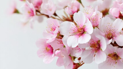 Delicate cherry blossoms showcase soft pink petals with vibrant yellow stamens, celebrating springs arrival and the beauty of nature in full bloom.