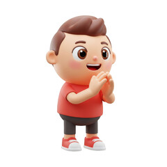 Enthusiastic Boy in Red Shirt With Hands Clasped on Transparent Background