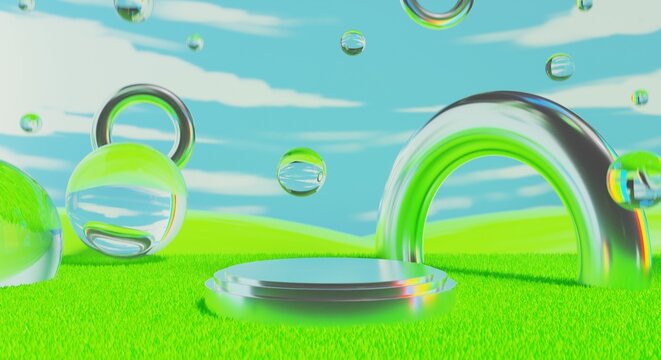 retro-future y2k 2000s frutiger aero aqua web 2.0 gloss with stage podium for product display showcase, 3d illustration rendering abstract background, technology and nature concept