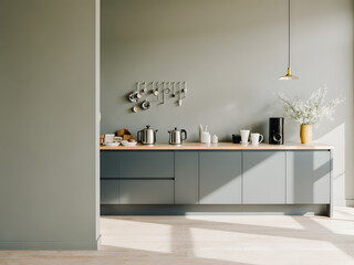 Modern Minimalist Kitchen Scene: Sunlight bathes a clean, contemporary kitchen design. The space is defined by sleek gray cabinetry, natural wood counters.