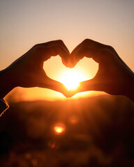 A pair of hands forms a heart shape against a sunset, symbolizing love and connection with nature.